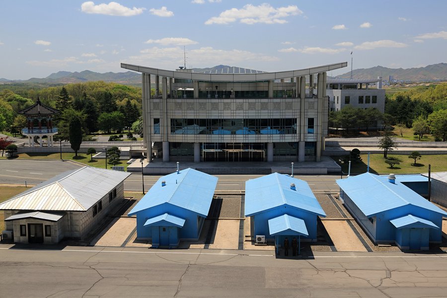 Conference Row Buildings in the Joint Security Area in Panmunjom. View from the north. To the rear is the Freedom House located in the ROK.