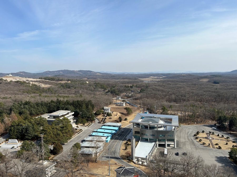 Aerial view of the Joint Security Area. In the middle the Conference Row, in the back the Blue Bridge