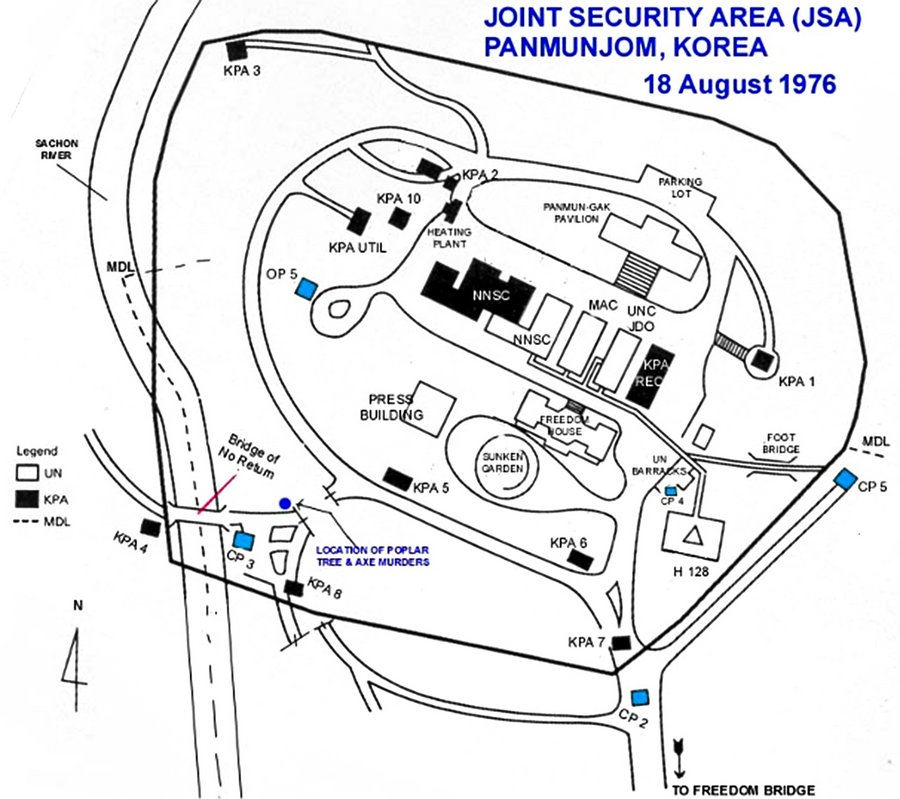 A historical map of the Joint Security Area in 1976 showing different command posts, conference buildings and other infrastructure.