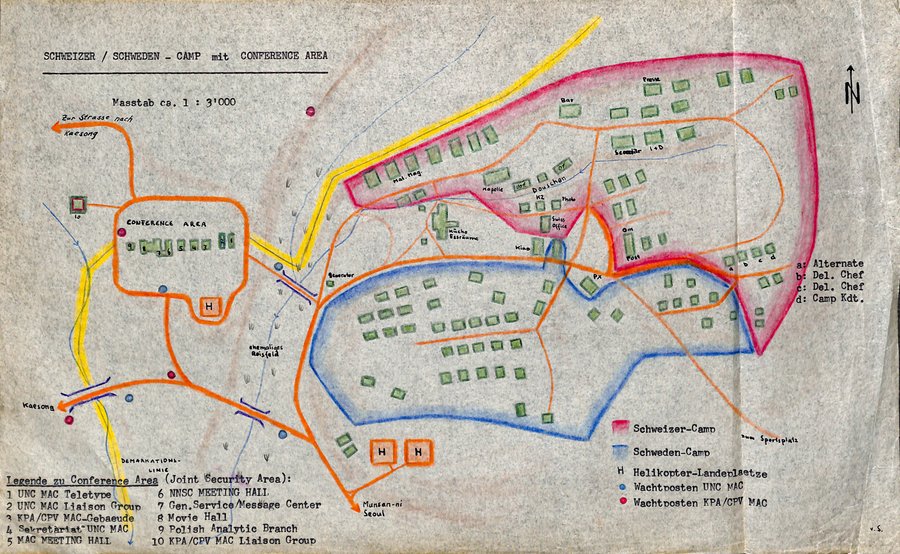 A historical map of the showing the Swedish and Swiss camps on the right and the Joint Security Area on the left. dodis.ch/65585
